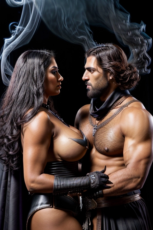 (A professional photograph of a tall tanned muscular male caucasian fantasy warrior and a voluptuous gorgeous latina woman embracing affectionately and looking into each others eyes)
male subject is much taller than female subject
Male subject has tan skin and muscular physique
Male subject has short dark hair a short trimmed beard
Male subject is shirtless and wearing black leather and plate armor greaves
Male subject has a black handled sword on his belt
Female subject has dark skin and curvy voluptuous feminine physique
Female subject has long thick black hair with loose curls
Female subject is wearing a sheer black silk shawl and black with silver and purple trim royal princess attire with jewelry
Female subject has expression of adoration toward male subject
(((background is dark and smoky medieval battlefield)))
<lora:dpmg_add_detail:1>