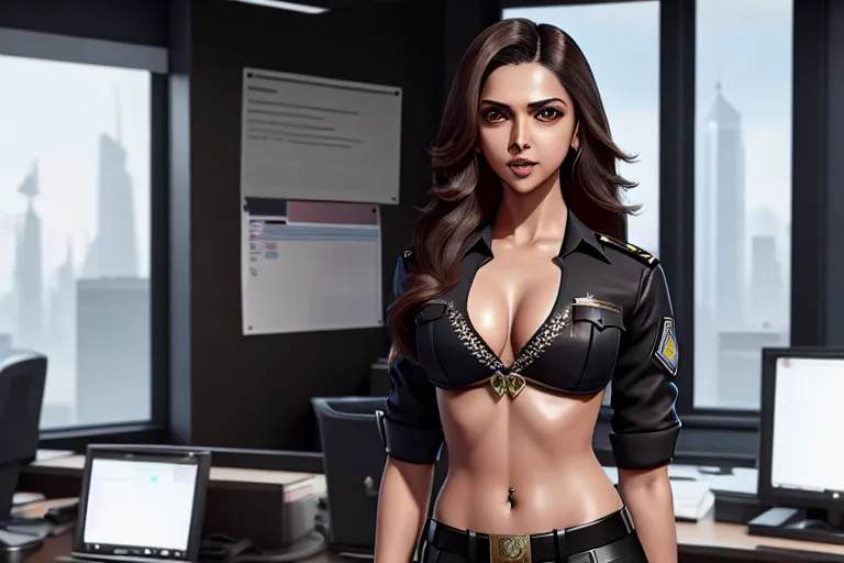 a concept art of,deepika padukone,wearing police clothes,at the office,natural breasts,five slender fingers,charming face,beautiful lips,brown eyes,curved eyebrows,pale skin,joyful,tattoo,unreal engine,sharp focus,pixiv,ultra realistic,surreal