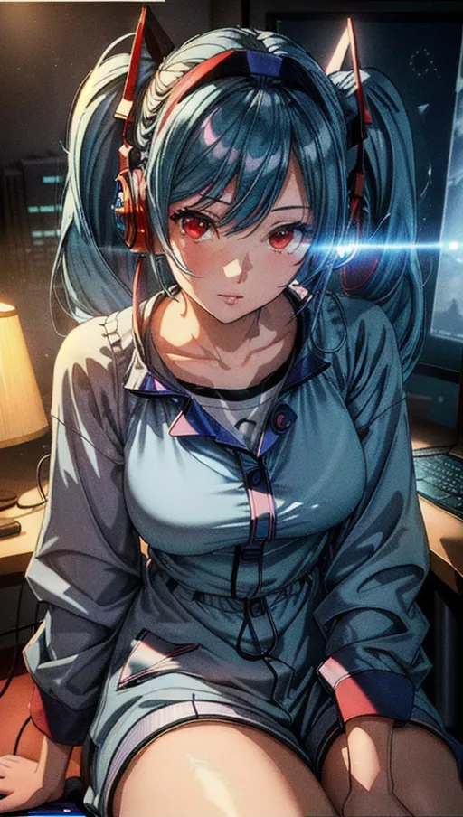 Best quality, high res, 1 adult woman, (adult woman sitting before a computer in a cluttered room), (blue hair with twintails and headphone), (correct human anatomy), ((extremely detailed face:1.3)), (extremely detailed red eyes:1.3), (beautiful detailed lips:1.1), turning to look at viewer with surpised expression, stunning dreamy atmosphere, beautiful colourful lighting, cinematic composition, vivid colours, soft artwork, (candid:1.3), (flat shading stylised art:1.15), <lora:dpmg_add_detail:1.05>, high rise apartment abstract night sky and beautiful night clouds, soft fluffy pajamas, (physically-based ray tracing, photon mapping, photorealistic:1.35), high quality masterpiece, 4k, HDR, UHD, high quality fingers