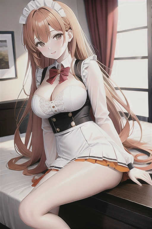 8k quality, brown eyes, pale white skin, orange hair, giant breasts, cleavage, looking at viewer, pov, long hair, wavy hair, maid uniform, high heels, miniskirt, standing in bedroom