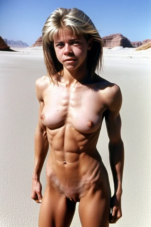 A very fit and slim 18 year old naked Linda Hamilton, look of pain on her face, pushing her abs out, very low body fat, extremely lean body, perfect body, showing her vagina, on a hot desert beach, incredibly hot