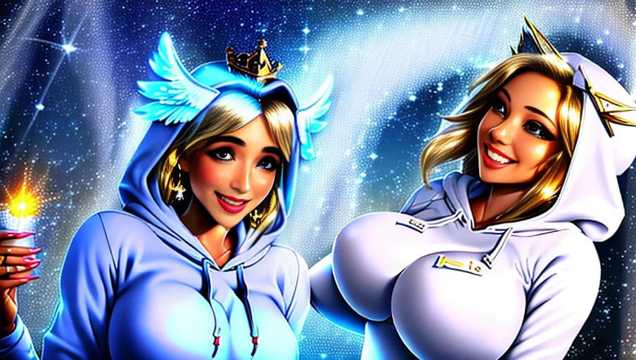 a 64k high detailed photo of Female Angelics HDR Professional ((In hoodie))) ((Has hooded Attire)) Godly Ultra Detailed Best Quality Most Detailed ((Angel Wings)) Angelic Lighting Love Hope Magic casting Crown Smiling Queen happy Glory Warrior Angels Angelics Positivity Happiness ecstasy enraptured sweaty saving God Royalty Morality Goodness True Good Power Force Authority Ethical Saviour Halo short Hair Always and Forever Sentimental in heat hot ultra hot best best lighting tantric Neutral Brilliant Logical Compassionate Perfect Perfection Exciting Integrity Winged Courage Purity Harmony Beauty mark on upper lip ((Female)) (Ethereal Lighting) (Celestial Lighting) ((((With Clothing)))) (((With God Technology))) ((With God Item)) ((God Tech)) with items of power ((God Wings)) ((Afterlife Light)) (Perfect Tits) (Perfect Ass) (Love Worship) ((Happy Expression)) ((smiling)) ((((Flirting)))) (((Multiple Female Angels)))