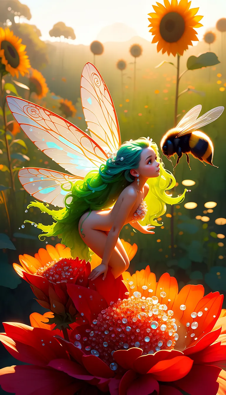 A whimsical, cinematic fantasy portrait of a 18-year-old girl transformed into a tiny forest pixie, possessing a youthful and innocent facial expression with wide, curious eyes. She has flowing, vibrant moss-green hair that looks like soft silk, adorned with small dewdrops. Her delicate wings are translucent and iridescent, resembling dragonfly wings with intricate golden veins. She is nude. The pixie is hovering gracefully over a cluster of oversized, glowing red flowers that feature sparkling crystal-like dew drops on their petals. A large, fuzzy bumblebee with golden stripes leans in close to her face as if they are sharing a secret whisper. The background is a lush meadow filled with towering sunflowers and warm orange blossoms, bathed in the soft, ethereal glow of a late afternoon sun. The lighting is magical and golden, creating a bokeh effect that blurs the distant garden into soft circles of light. The art style is highly detailed and painterly, blending the realism of nature with a touch of fairytale magic, featuring rich textures, vibrant colors, and a serene, enchanting atmosphere.