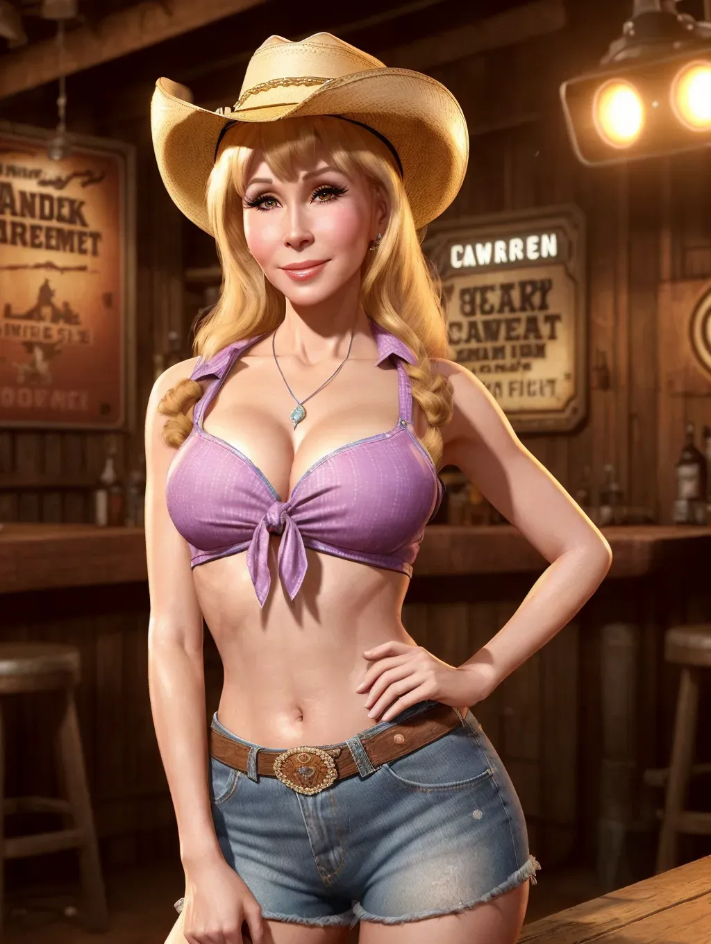 Dopamine Girl - realistic HD photograph ((wide shot)),(((youthful Barbara  Eden)))((((accurate face)))),(((as a farm girl)))(((at a honkytonk  bar))),(((wearing tied off shirt)))(((wearing cutoff shorts)))((((wearing  cowboy hat))))((teasing mischievous ...