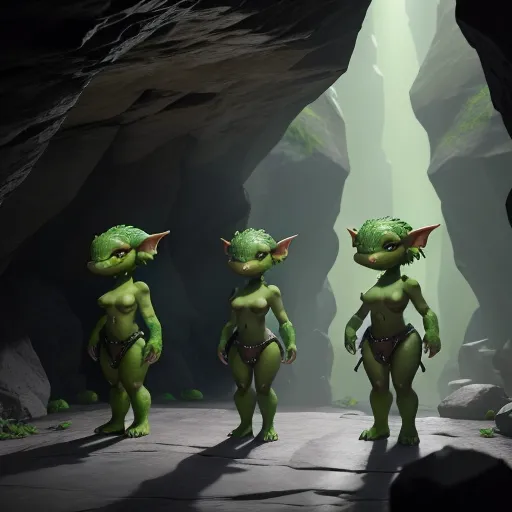 8k, a standing close group of 3 goblin females with green aligator skin in a prehistoric age, standing in a cave in a sexy dance, all three of the same size, small curvy monsters, perfect stone flooring, perfect sexy faces, perfect female anatomy and perfect anatomic 8k details
