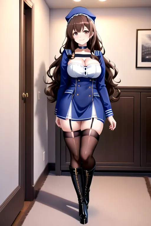 thigh high socks, miniskirt, blue maid uniform, brown hair, choker, brown eyes, pale skin, giant breasts, boots, cleavage, high heels, looking at viewer, walking across room, living room, 1girl, smiling, wavy hair, 8K, Full body photo