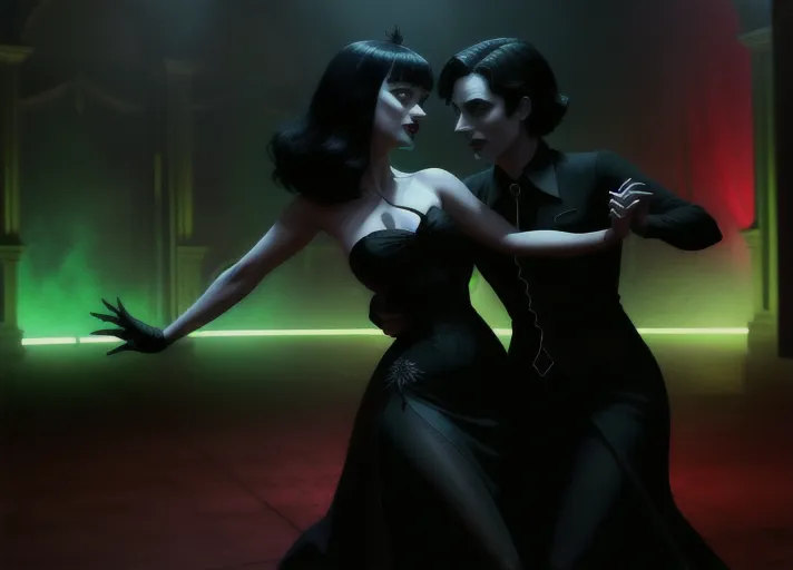 two ladies in a dark atmospheric modern goth nightclub, Dakota Fanning as Mavis Dracula of Hotel Transylvania in tight black revealing attire and hypnotic red glowing eyes, dancing the night away with beautiful good auburn haired Elizabeth Lail as Anna of Arendelle in a modest light green royal gown. Photorealistic, b-horror film screencap,