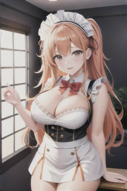 8k quality, brown eyes, pale white skin, orange hair, giant breasts, cleavage, looking at viewer, pov, long hair, wavy hair, maid uniform, high heels, miniskirt, standing in bedroom