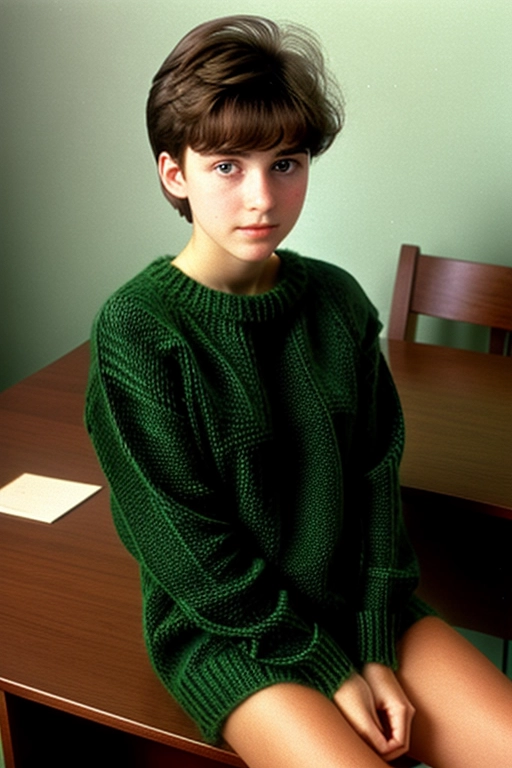 Natural light, Dark, dawn, dimly lit, flat background,
20 years old, 1960s college sophomore, pear shape body, the hips are wider than the bust, brown hair cut in a bob, short neck, round face, messy hair, normal sized eyes,
(((green sweater))),
Shot from above,
Laying back on large desk, arms behind head, looking Sleepy, looking uncertain, not looking at camera, blushing, (((legs spread))), pussy visible, pussy mound, (subtle vaginal nudity)