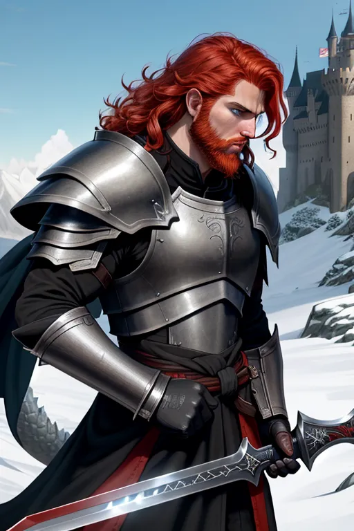 High fantasy, Berserk, a strong, warrior human, Guts, wavy red hair, pale skin, angry eyebrows, handsome blue eyes, small nose, strong cheeks, full beard, strong chin, animal skin coat, black leather armor, huge two-handed greatsword, going into battle, battle field, war in the background, castle and dragon in the far background, high definition, 4k quality, excellent lighting, great shading, pristine detail, very clear picture, vibrant colors, accurate at lower promp guidence, ultra realistic, five fingers per hand.