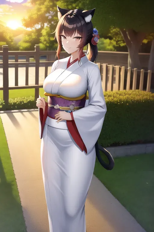 wide shot, 35 year old, a cat girl, athletic, kimono, white, garden, sunset, sunlight, serious, 8k, professional