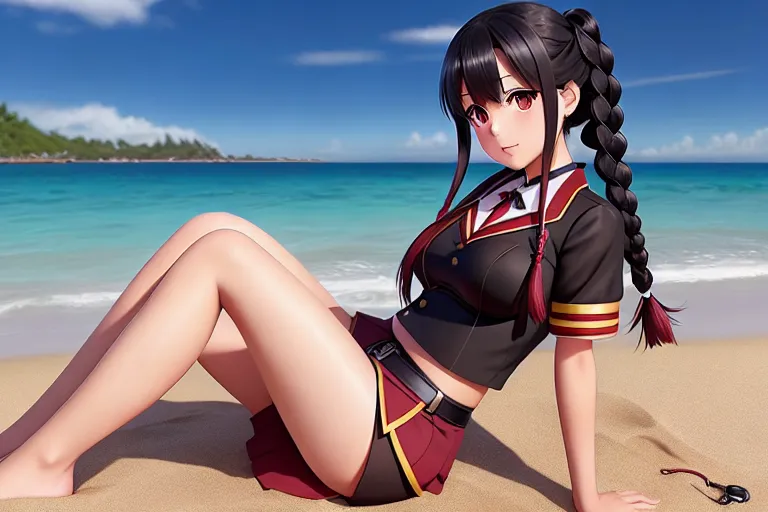 a digital art of,megumin,wearing japanese high school uniform,sitting,on the beach,five fingers per hand,braids hair,charming face,beautiful lips,black eyes,curved eyebrows,curved eyelid,smooth skin,erotic,wearing necklace,8k,professional,ultra realistic,cgsociety,smooth
