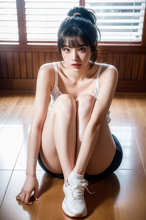 (best quality:2.0), (masterpiece:1.4), high resolution, (photo realistic:1.9), Korean sexy super model, perfect face propotion, nsfw, (thick sports shoes:1.2), navyblue sports wear, knee socks, thick eyebrow, (marble face:1.2), long neck, small lips, large hair band, full bangs, pony tail, ultra large sparkring brown eyes, double eyelids, cheek blush, round cheek, sexy posture, muscular long legs, cleavage, luxury chair, (shiny sweaty ultra pale skin:1.5), big coy smile, beautiful constriction, broad forehead, ultra detailed fabric, detailed skin, dropping eyes, luxury tile poolside,