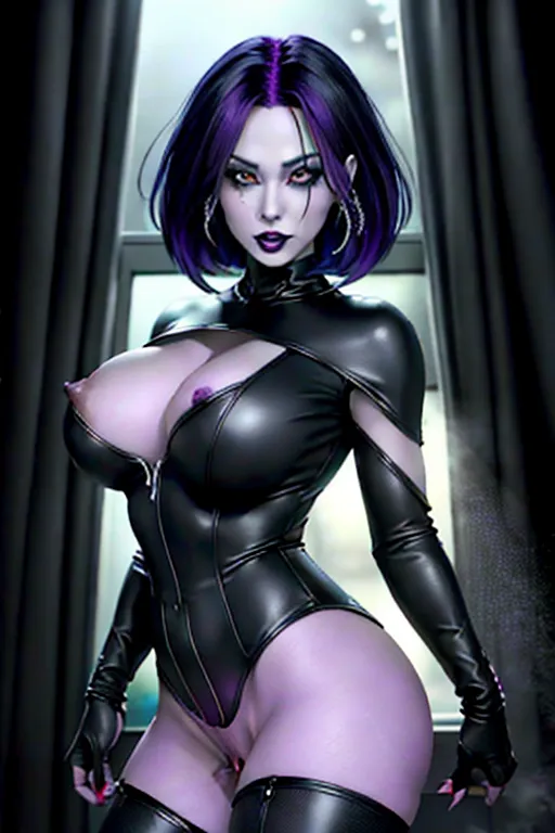 beautiful goth girl cosplaying raven from dc comics, accurate costume, porn scene,erotic (cum slut:1.3),beautiful huge bimbo breasts , (raven outfit), perfect face, dynamic pose,(((<lora:female ejaculation:1>))) 8K, digital photo, shot at night,dark,demonic, foreboding, dark energy,dark misty tendrils,<lora:dpmg_fingering:1>, dildo,