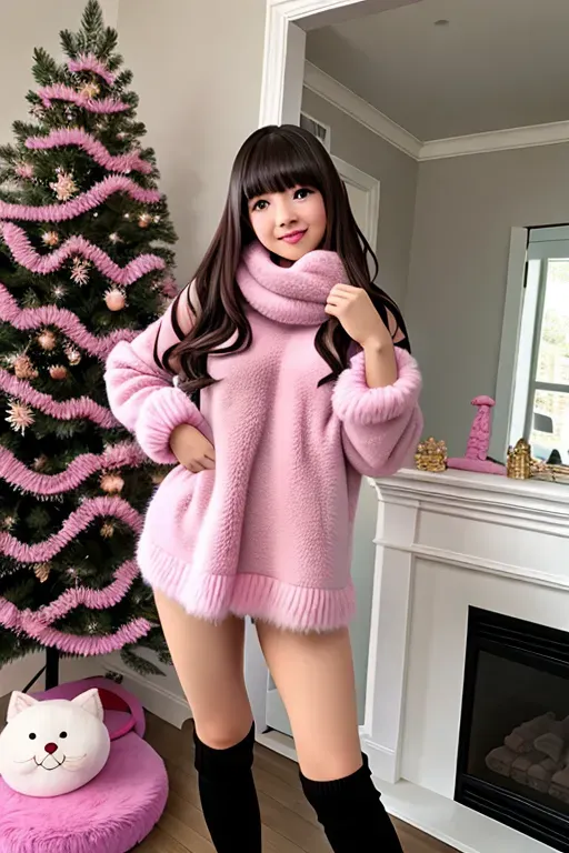A cute girl wearing a pink plush sweater and a fur scarf and no pants, bangs, cute, Shaved pussy, plush socks, furry scarf, mittens, bottomless, no panties.