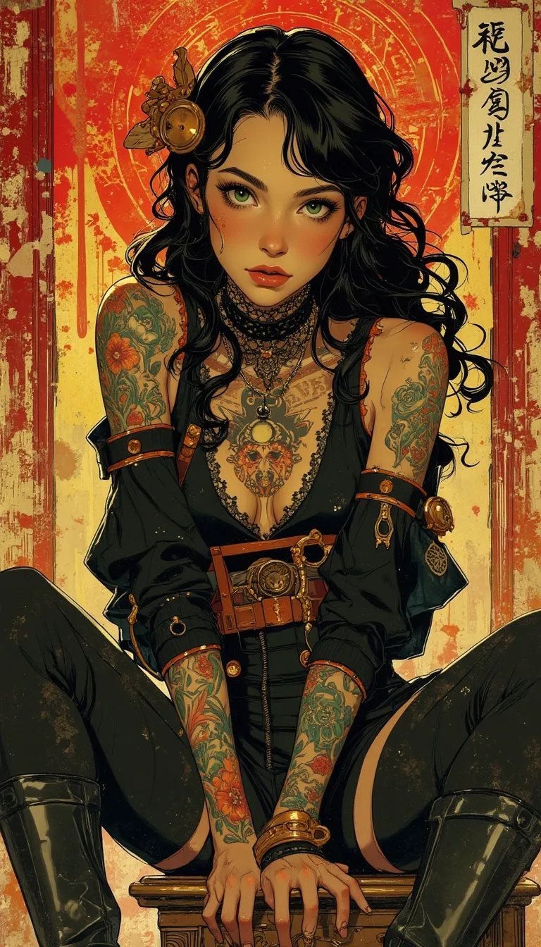 Anime style. An inkwash painting, a Steampunk girl with a serious expression sits front and center, leaning slightly forward. She has long, flowing black hair, styled with small braids and adornments. She wears a detailed dark outfit featuring an illustration of a traditional figure with flowers and it has a mix of floral and abstract patterns with vibrant orange accents. Her arms and shoulders are covered in vibrant, detailed tattoos featuring intricate designs, including floral patterns, text, and unique symbols. Her skin appears to have slight scratches or markings, adding to the intensity of her gaze. Around her neck is a lace choker. The backdrop features textured red and yellow elements behind her, augmented by hints of Eastern script and aesthetic elements. The overall lighting highlights her features and tattoos, creating a dramatic and focused composition.,, dripping ink,bold paint drips cascading down.