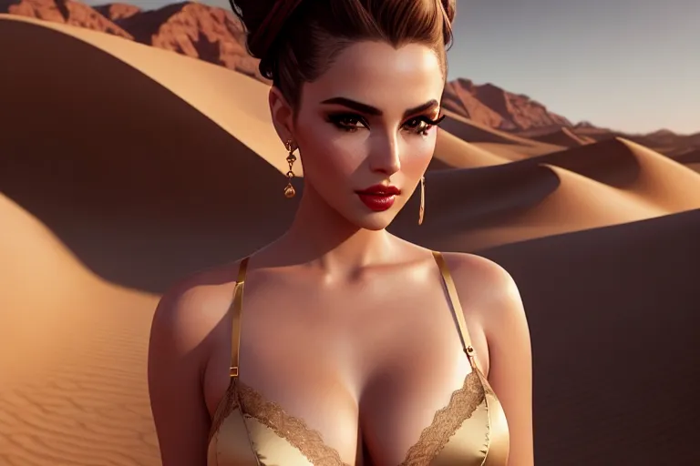 a photo shot of,bella luna,wearing lingerie,in the desert,small breasts,five slender fingers,updo hair,beautiful face,beautiful lips,curved eyebrows,curved eyelid,romantic,wearing golden ring,editorial,ultra realistic,artstation,unreal engine,studio lighting