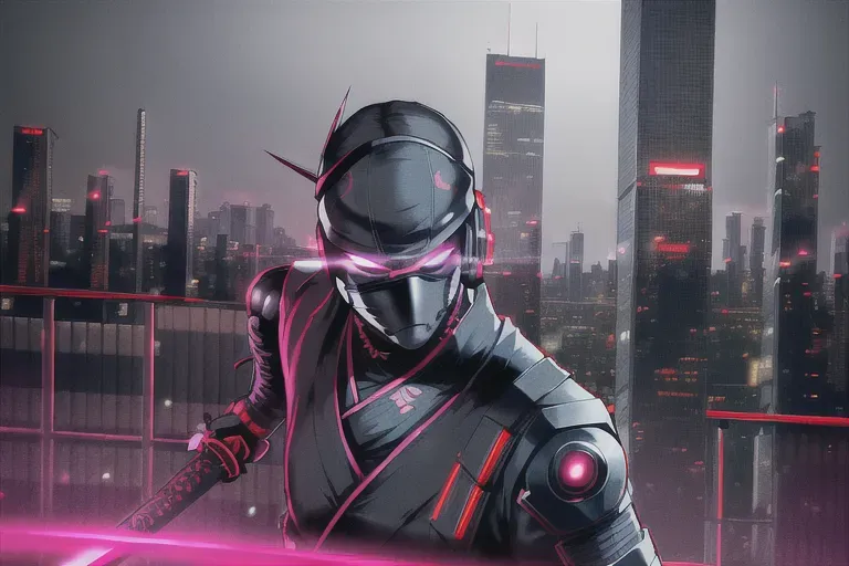 (((CYBERPUNK NINJA))), full face mask, black, glowing red accents, with a sword, male, 8k wallpaper, best quality, ultra hd, cinematic lighting, studio lighting, hi-resolution, high quality, highly detailed, (((ON A CITY ROOFTOP)))