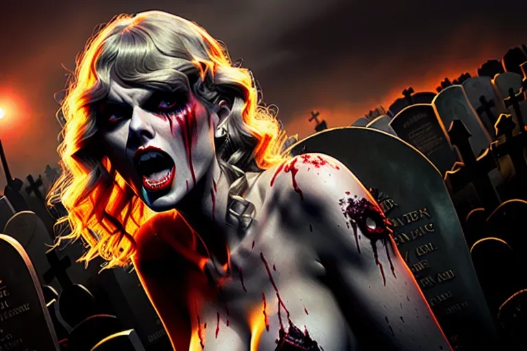 Undead Taylor swift,
Reanimated rotting corpse,
No eyes,
Bloody mouth,
Pale skin,
Growling,
Evil looking,
Topless
Graveyard at night background,
8k details,
Volumetric lighting