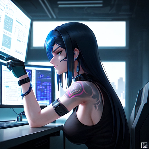 Medium shot, side profile, of a highly detailed beautiful, thin Cyber punk female in the style of CS-MKII with blue black hair, her hair is hanging down on the backside of her face, sitting in front of a computer monitor leaning forward on her arms, looking focused, at a desk with a tank top on showing cleavage and tattoo sleeves on her arms and a small line tattoo on her cheek. Dark background with a cyberpunk city skyline at night in the window and a blueprint on the wall, she has a bracelet on her wrist and is wearing earrings on her ears