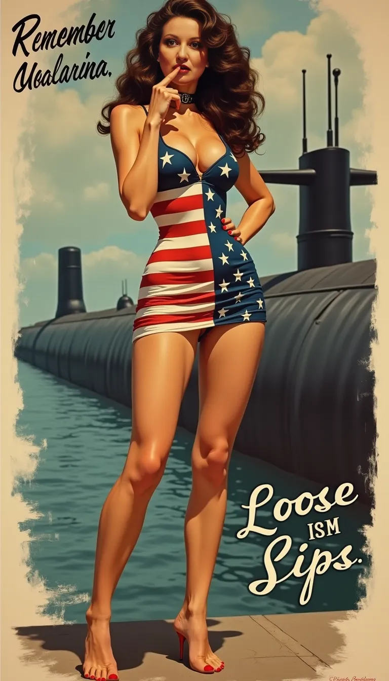 1940s era pinup style poster, 48 year old, long wavy hair, realistic woman, realism, hyper-realistic, long curly wavy dark brown hair, messy hair, curvy feminine figure, leather choker,
medium droopy pear shaped tits, cleavage,
Tight United States flag inspired mini dress,
long legs, bare feet with red painted toe nails, full body view, feminine legs, standing provocatively in front of a Navy Submarine, legs spread wide, ass in photo, looking back toward the camera, her finger over lips in the be quiet gesture, A detailed illustration of a person making the SHH gesture, shh gesture, shush gesture, Writing on poster reads 'Remember Loose Lips Sink Ships'