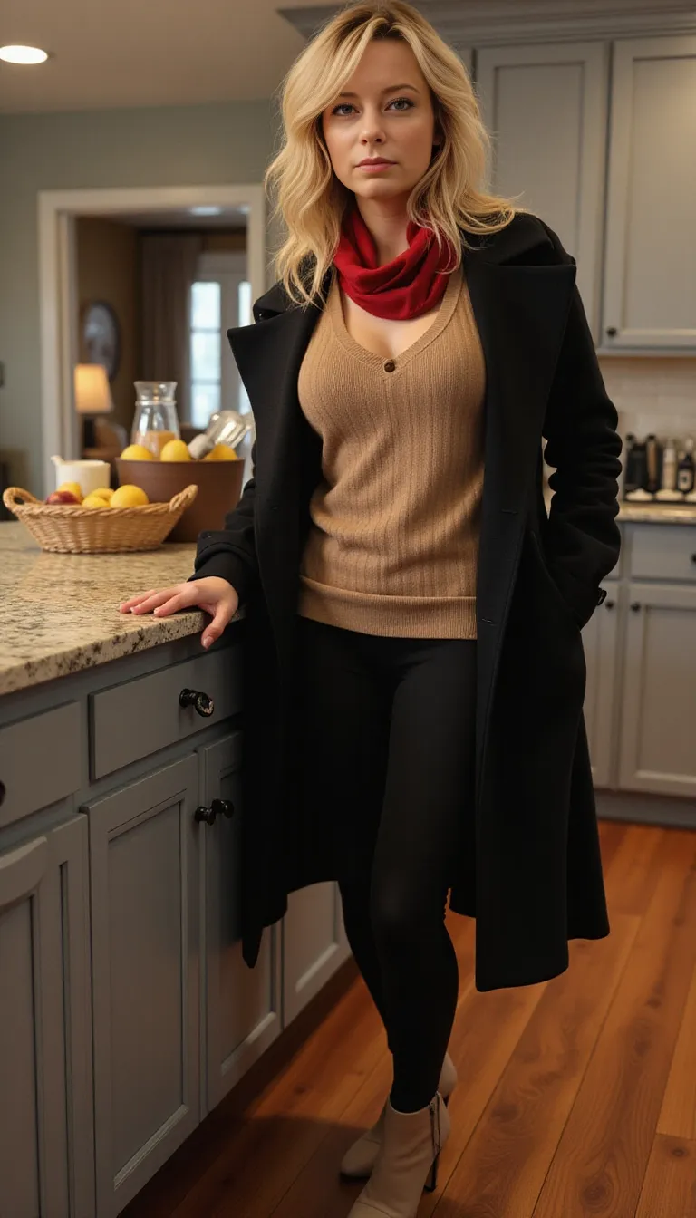 48 year old, long wavy messy hair, realistic woman, realism, hyper-realistic,
wavy blonde hair, hair styled with a blow dryer, feminine figure with hips,
medium droopy tits, cleavage, wearing a tan cashmere cowl neck sweater and black leggings, Long black wool overcoat, red scarf around neck, long legs, full body view, feminine legs, tan high heel ankle boots, standing next to the breakfast bar in a ranch style American kitchen.