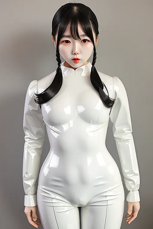 korean woman, dressed as in white latex, doll