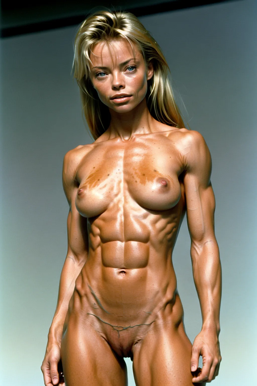 A very fit 18 year old fully naked Jamie Pressly, pleasure look on her face, flexing her abs, very low body fat, extremely lean body, perfect body, showing her vagina, standing on the set of a Terminator movie in 1991, fully nude, spreading her legs, perfectly shaped breast, blonde hair, spreading her legs wide open, perfect tan