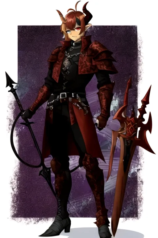 best quality, masterpiece, solo, solo guy male tiefling, bright golden brown
hair, heterochromia, green eye, red eye, determined look in eyes, golden brown color hair, curled horns devil, hell armor, ,red horns, holding battleaxe, shield, chrome shiny battleaxe, androgynous haircut, imp demon , dark paladin, chain main shirt, battle axe wielder, warrior, knight of hell, demon tiefling, hell red power, curled horns, illrigger, armored, 1 male tiefling only, demon, flat chest, posh , leather armor, well groomed, elf ears , jackal imp creature , horns, armored jacket, solo, sharp jagged tail, humanoid, masterpiece, colorful shirt, short length hairstyle single strand of hair curls on top of head, antenna hairstyle imp demon, ,cute look in eyes, imp demon , heterochromia, masterpiece anime style