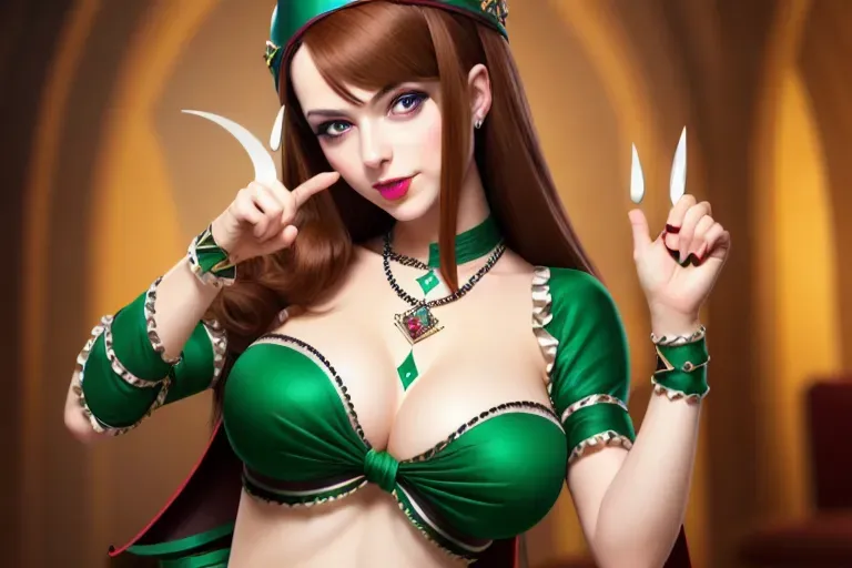 picture of, a queen of spade,wearing only a qos tanga, doing sexy pose, natural breasts,five fingers per hand,brunette hair,beautiful face,beautiful dsl lips,green eyes,curved eyebrows,joyful,wearing queen of spade necklace,bokeh,pixiv,ultra realistic,artstation,professional
