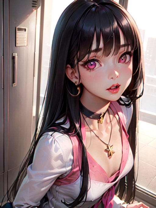 photorealistic, 8k, accurate face, (((detailed face))), (((replicate inspiration face))), full figure shot, shining eyes, female face, cute, 21 years old gorgeous, luxuriously long black hair, lipstick, bangs, small breasts, choker, necklace, pendant,
wearing pink stewardess outfit, in locker room,