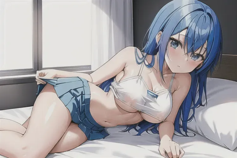 blue haired and blue eyed anime girl that is laying on her back in bed with no underwear and no shirt with small boobs with only a short skirt that she is lifting with her left hand and holding her small boob with her right with thigh high socks and her pussy covered in cum