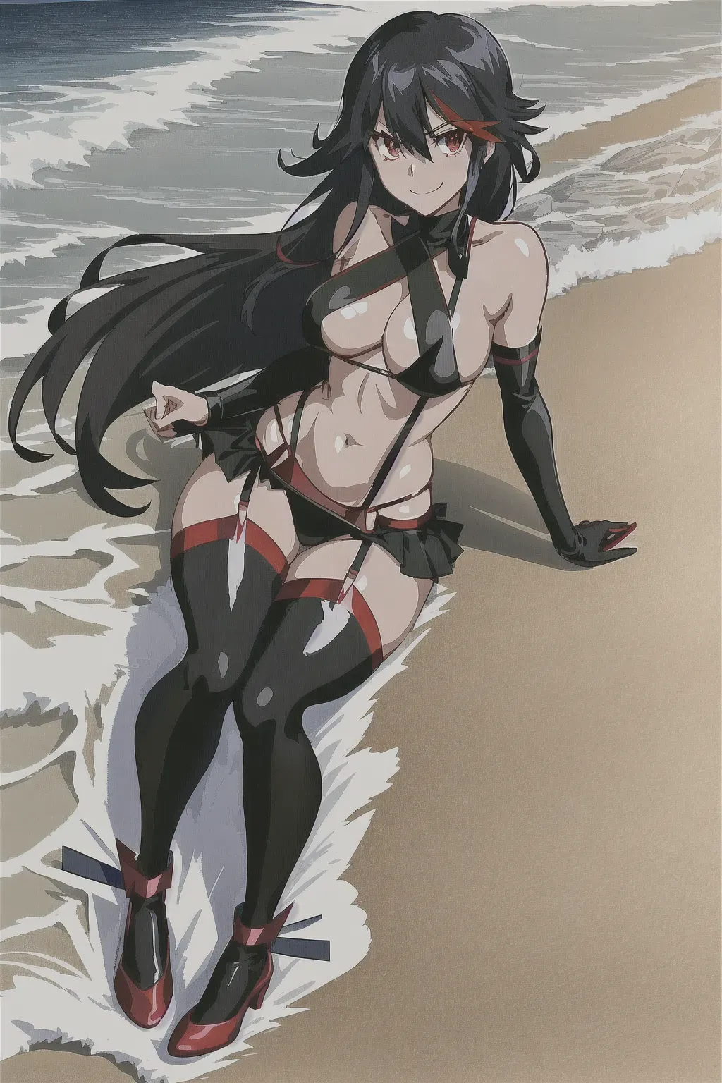ryuko matoi, kill la kill, wearing black red (sengetsu), black skirt, black leggings, red leg straps, black panties, black arm sleeves, red garter straps connected from strapless top to black panties, red gloves, black arm sleeves, slender body, tall body, red eyes, shiny hair down, (masterpiece), (texture skin), dark outline, translucent, clean line work, highly detailed, high definition, HD wallpaper background Summer beach, sand, waves, rocks, smile, redraw right hand, double pass