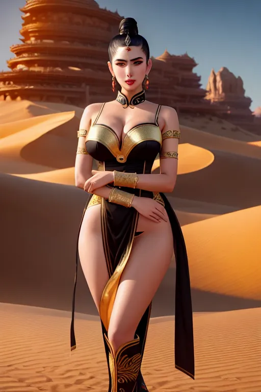 a photograph of,bella luna,wearing chinese costume,standing,in the desert,big breasts,five slender fingers,undercut hair,gorgeous face,beautiful lips,black eyes,curved eyebrows,smooth skin,wearing golden ring,surreal,artstation,8k,bokeh,unreal engine