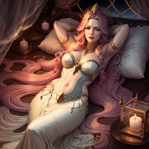 Drew Barrymore, fey goddess, using magic to lull viewer to sleep, comforting, long, flowing hair