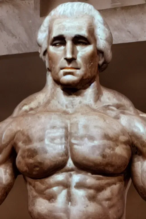 george washington, first us president, hyper-realistic picture, wearing posing trunks, posing on a bodybuilding stagre
