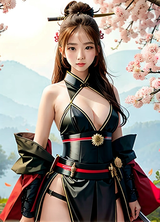(best quality, masterpiece), 1girl, katana, seductive samurai, looking at viewer, dual wielding, tree, leaf,