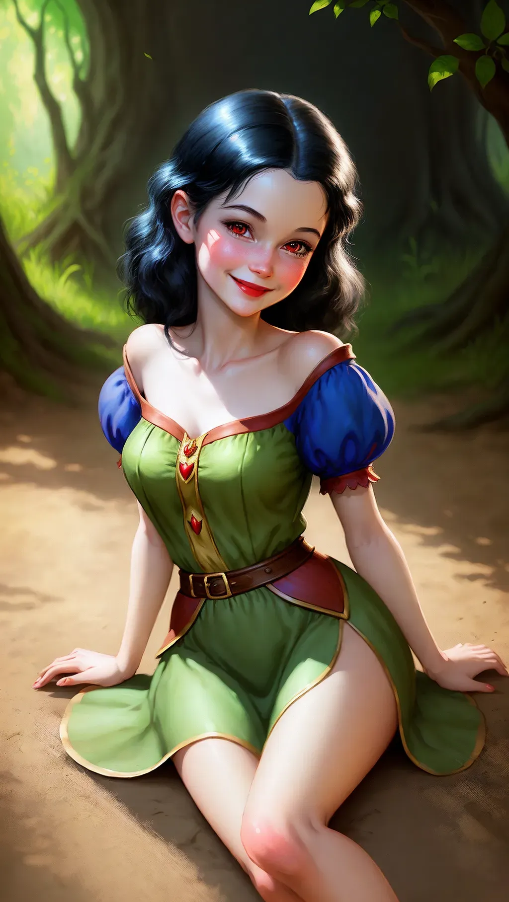 Disneys Snow White illustrated in realistic concept art style, her smile is cute and innocent, her cheeks are blushing red, fairy tale castle setting, round chest, full breasts