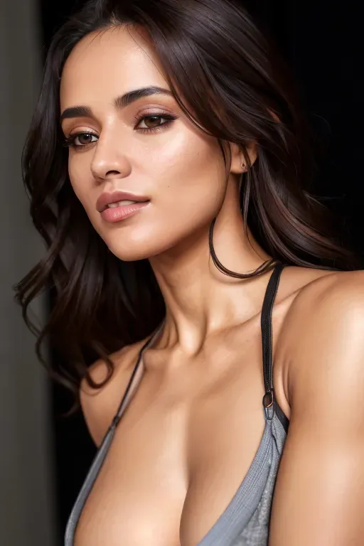 A 8k resolution photo shot of a beautiful woman, very compassionate and friendly, ((wearing a very loose strap shirt hanging extremely low on extremely long straps with one strap slipped off her shoulder)),(pretty teeth), ((detailed hair features)),(((detailed facial features))),((detailed body features)),(detailed arms features),(extremely textured skin),((beautiful lips)),((highly detailed)), revealing cleavage, ((nipples partially revealed on the edge of the shirt)), ((showing a nipple slip))