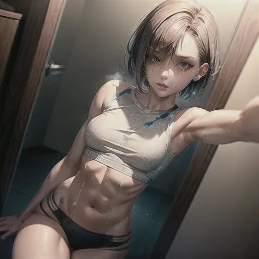 athletic, <lora:dpmg_muscle_girl:0.7>,
(short hair), medium breasts,high cheekbones, pale,
glittering outfit, torn up clothes, tattered outfit, torn clothes,
exhausted, sweating, drunk,
disco bar, disco, bathrooms,
selfie,
<lora:dpmg_add_detail:1.0>, (best quality),
beautiful, masterpiece,