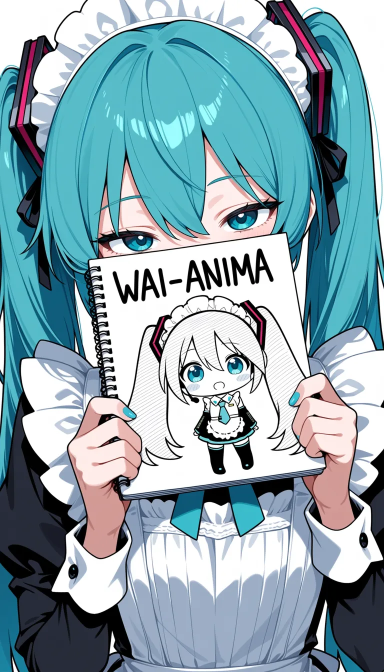 masterpiece, best quality,score_7,
1girl, solo, Hatsune Miku, maid uniform, apron, portrait,holding notebook covering face, holding, , notebook, sketchbook writing text "WAI-ANIMA" and chibi ,