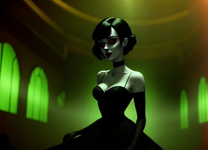 two ladies in a dark atmospheric modern goth nightclub, Dakota Fanning as Mavis Dracula of Hotel Transylvania in tight black revealing attire and hypnotic red glowing eyes, dancing the night away with beautiful good auburn haired Elizabeth Lail as Anna of Arendelle in a modest light green royal gown. Photorealistic, b-horror film screencap,