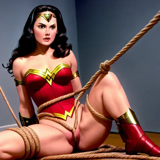 Linda carter dressed as wonder woman tied by rope showing her pussy. Very realistic