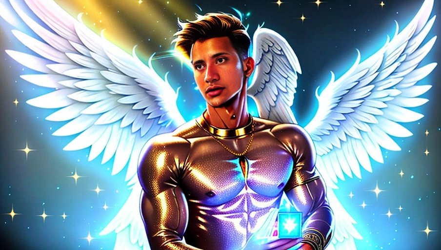 a 64k high detailed photo of body shot of straight Male HDR Professional In clothing Godly Ultra Detailed Best Quality Most Detailed ((Angel Wings)) Angelic Lighting Love Hope Magic casting Crown Smiling Queen happy Glory Warrior Angels Angelics Positivity Happiness ecstasy enraptured sweaty saving God Royalty Morality Goodness True Good Power Force Authority Ethical Saviour Halo short Hair Always and Forever Sentimental in heat hot ultra hot best best lighting tantric Neutral Brilliant Logical Compassionate Perfect Perfection Exciting Integrity Winged Courage Purity Harmony Beauty mark on upper lip ((Male)) Ethereal Lighting Celestial Lighting ((((With clothes)))) ((With clothes))) ((With God Item)) ((God Tech)) with items of power God Wings ((Afterlife Light)) (((Built Muscle)))