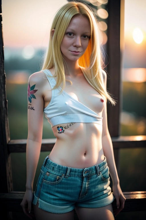 8k, digital photo of, blonde hair, female, beautiful face, happy, soft features, sexy pose, shorts, pulling down shirt to expose small breasts, partially exposing both breasts,
, looking at camera, beautiful, tattoos, pixiv, bokeh, perfect lighting, depth of field, absurd res, bright, contrast, photoshoot, bedroom background, sunset, little breasts, conical breasts, <lora:dpmg_shirt_pull:1.4>