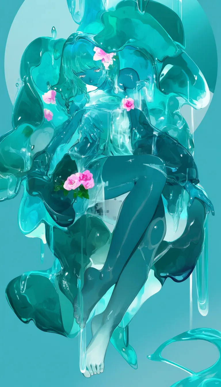 slime girl,
1girl, blue skin, see through, solo, barefoot, aqua dress, leaf, sitting, looking down,aqua hair, pink flower, bare shoulders, bare legs, full body, see-through, aqua theme, plantar flexion, detached sleeves, hand on own thigh, waterfall, long sleeves, liquid hair, long eyelashes, colored eyelashes, white eyes, sleeveless dress, aqua background, circle,
masterpeice, best quality, very aesthetic, absurdres