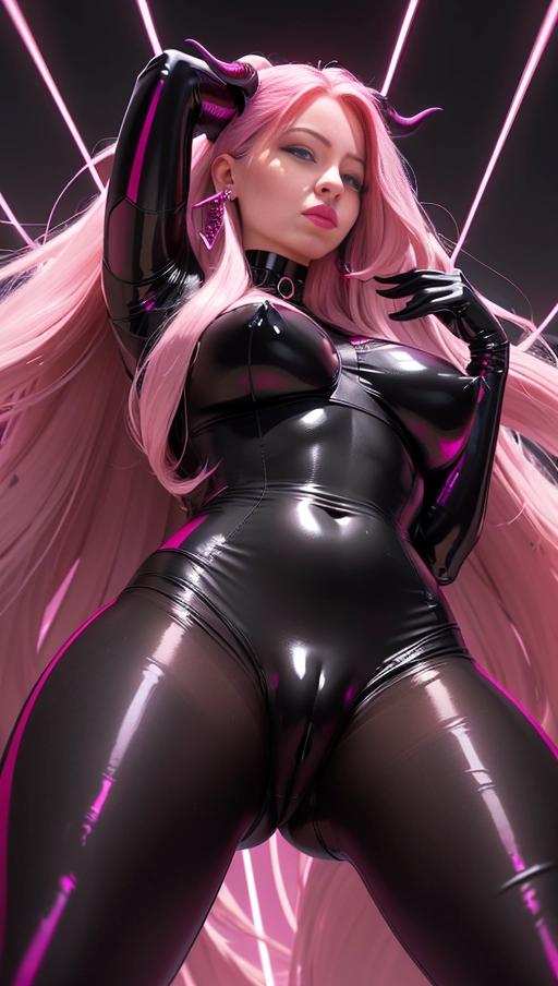 best quality, (((ultra high res))), (((detailed face and eyes))), ((perfect face)), (big shining heart choker), earrings, jewelry, (conjuring), witch, ((very long voluminous hair)), ((((Bordeaux hair)))), ((((black skintight neckholder)))), ((((pink lipstick)))), ((black long sleeves)), ((glowing heart)), (((demon mark))), ((((straight hair)))), (((Kylie Jenner))), (((((very very long Bordeaux hair))))), (((perfect face and eyes))), (((straight hair))), ((black leggings)), (black latex suit), ((succubus)), demon horns , (((huge cameltoe))), black gloves, ((pov from below)), dark background, ((shining Dessous)), ((shining lingerie)), (((strands))), (((pink glowing lines)))