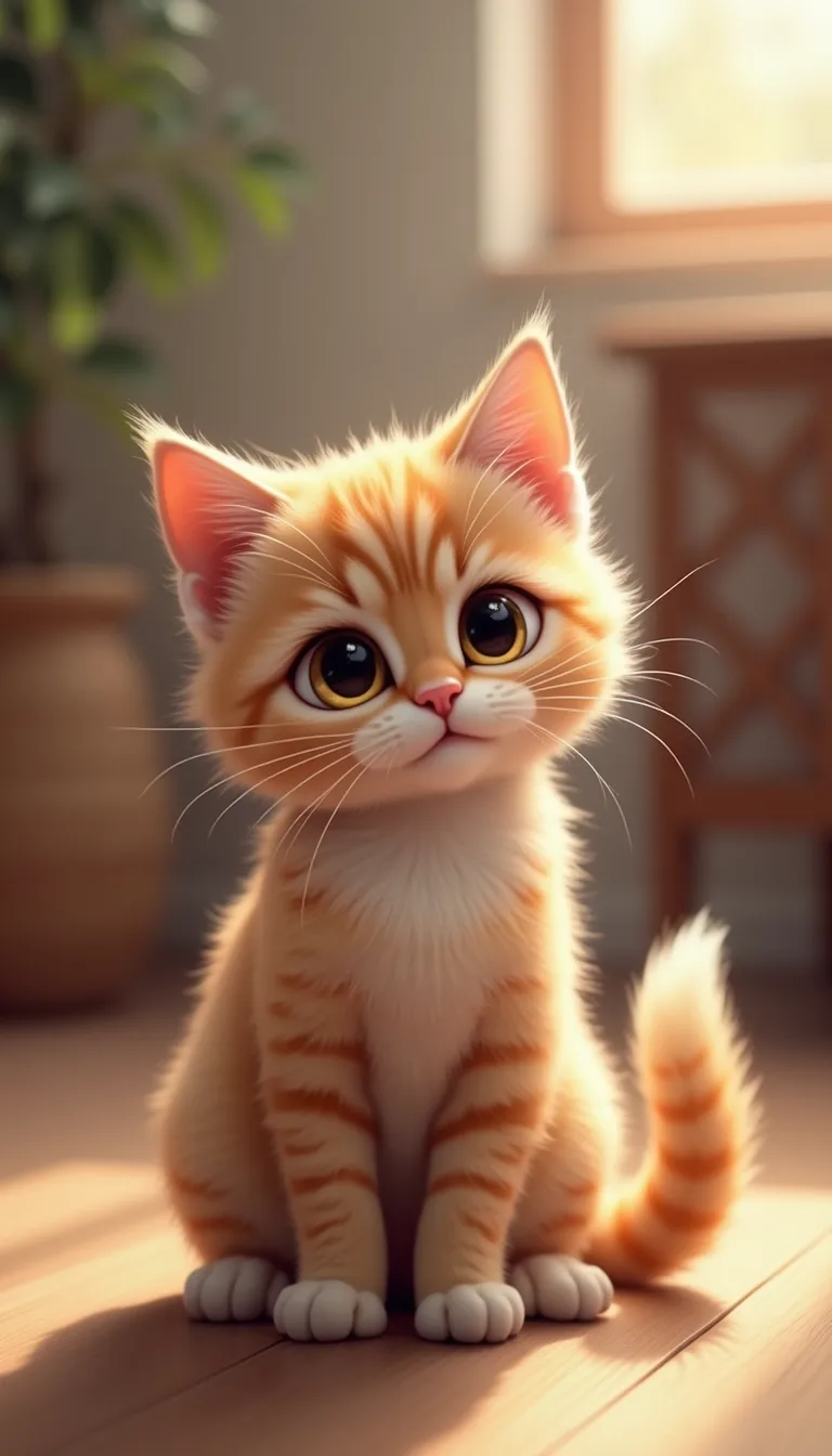 A cute cat sitting gracefully, with big expressive eyes and a fluffy tail curled around its paws. The background is softly blurred, featuring a cozy indoor setting with warm lighting. The cat has a playful expression, with its ears perked up and a slight tilt to its head. The fur is detailed, showing subtle variations in color and texture. The composition follows a 9:16 aspect ratio, perfect for a portrait-oriented image, with the cat centered to draw focus. The style is realistic with a touch of whimsy, enhancing the cat's adorable features.