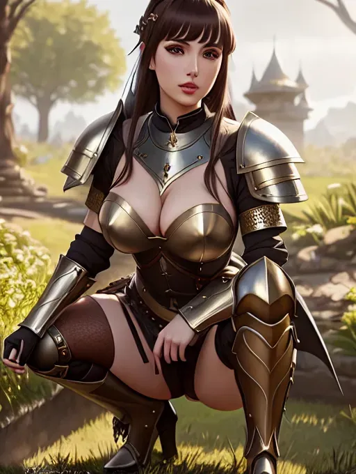 a digital painting of,a maiden,wearing medieval armor,squatting,in the garden,big breasts,five slender fingers,bangs hairstyle,beautiful face,beautiful lips,brown eyes,curved eyebrows,curved eyelid,pale skin,satisfaction,tattoo,unreal engine,cgsociety,8k,pixiv,sharp focus