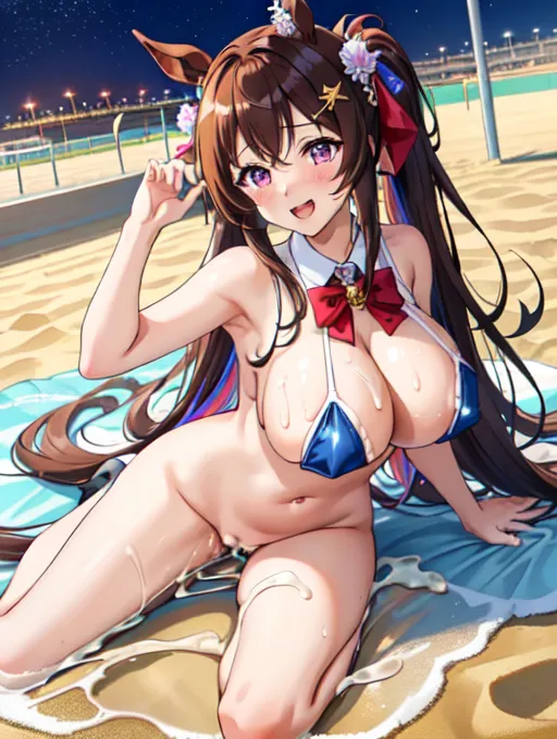 best quality, masterpiece, 1girl, detailed background, Umamusume Pretty Derby, Vivlos, horse girl,horse ears,horse tail, long hair, twintails, brown hair, long hair, hat with a navy badge,purple eyes, multicolored hair, ear ornament, hair ribbon, wet white slime body, nude, huge breasts, half-open eyes, creampie, open mouth, laughing, pussy out,((enjoy playing with sand)), at the Meydan Horce Racecourse in Dubai,a night with lots of stars, full body, fisting frontal, fisting frontal